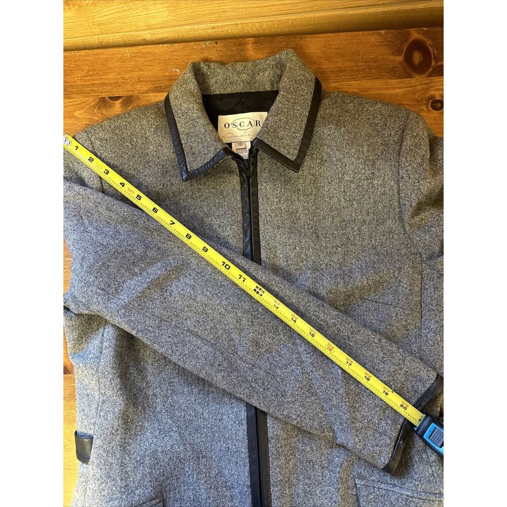 VTG Oscar De La Renta Sz 10 Gray lined Wool Jacket Leather Trim Classic Designer - Picture 9 of 12